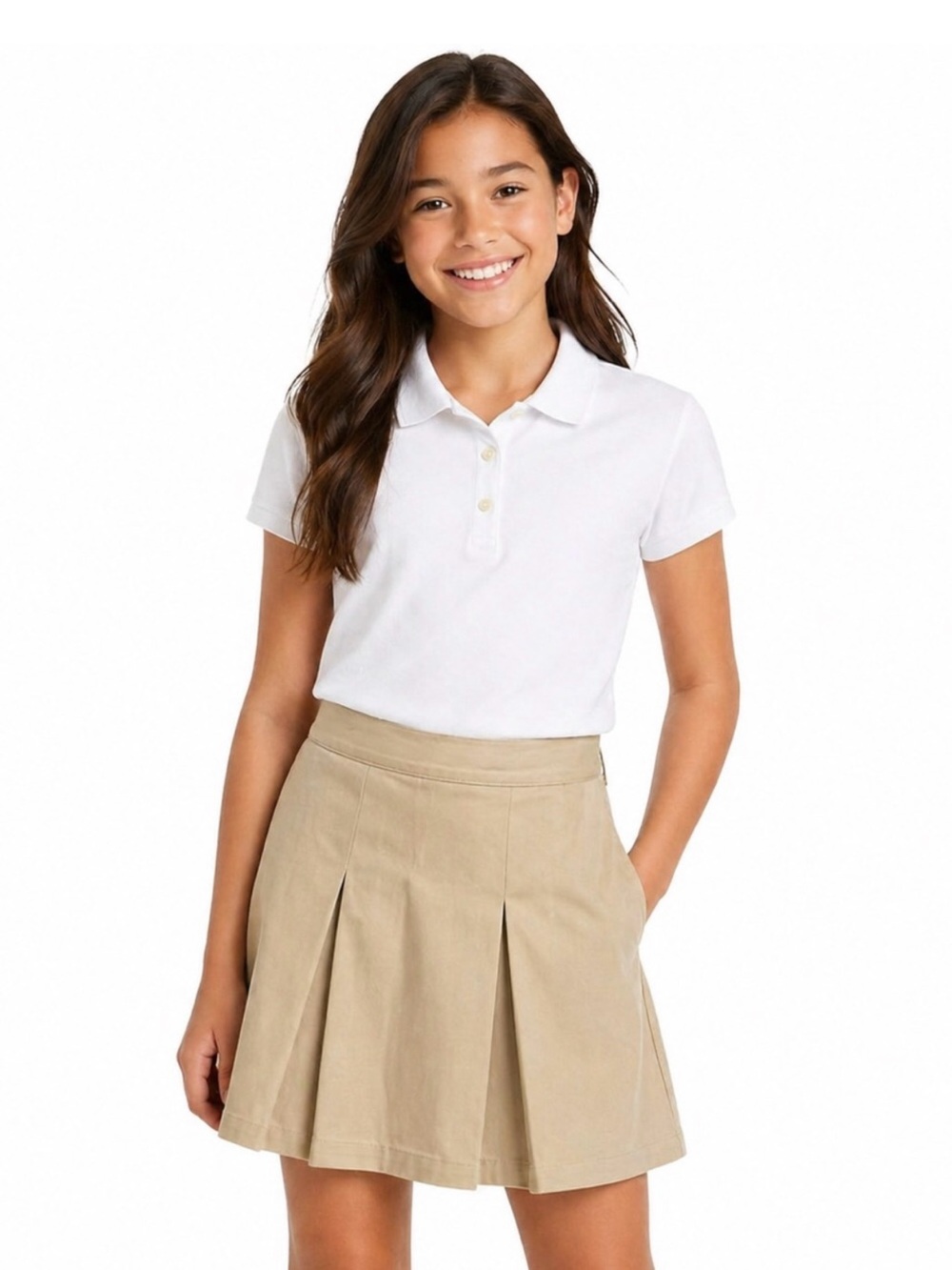 Girls Khaki Pleated School Skort - White Top Compatible
